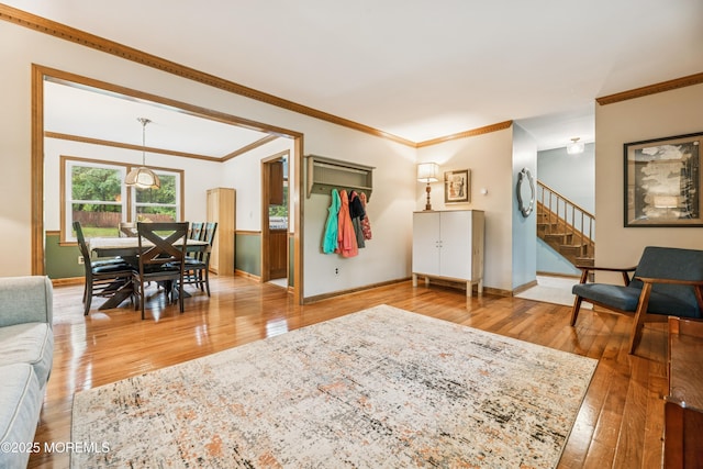 325 Oak Hill Rd, Red Bank, NJ 07701 - living room with hardwood / wood-style floors, stairway, crown molding, and baseboards