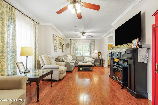 living room with ceiling fan, wood finished floors, and ornamental molding