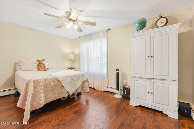 bedroom featuring dark wood-style flooring, ceiling fan, and baseboard heating
