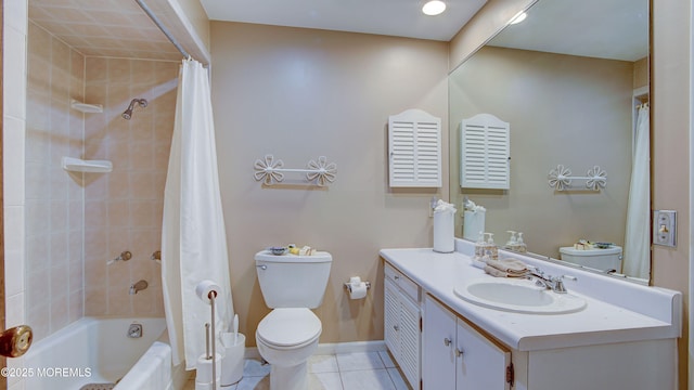 bathroom featuring toilet, tile patterned flooring, shower / tub combo with curtain, and vanity