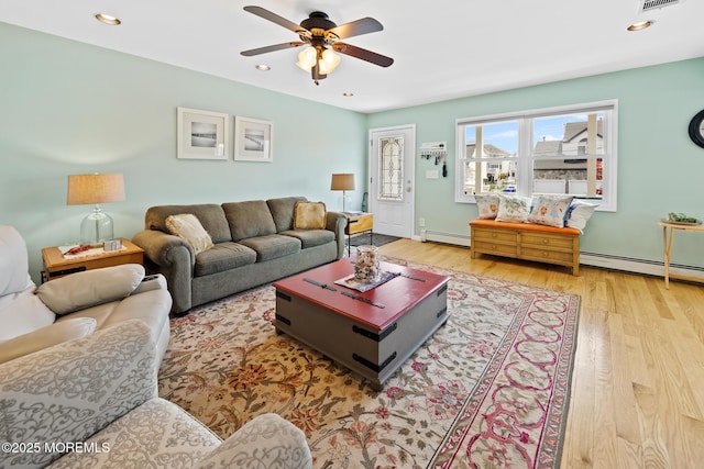 44 Cabana Dr, Brick, NJ 08723 - living area featuring a ceiling fan, wood finished floors, a baseboard heating unit, and recessed lighting