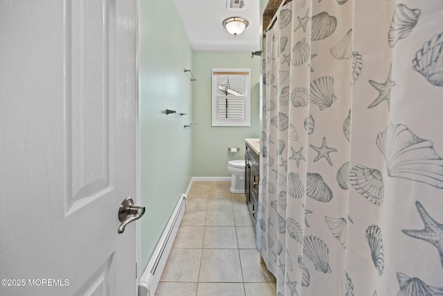 44 Cabana Dr, Brick, NJ 08723 - full bath with a baseboard radiator, tile patterned floors, toilet, baseboards, and a shower with curtain