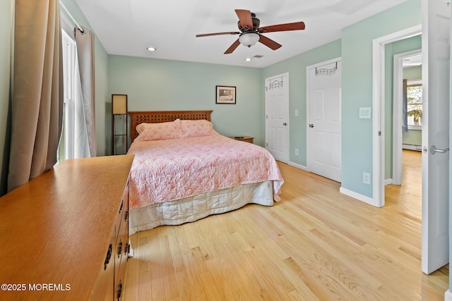 44 Cabana Dr, Brick, NJ 08723 - bedroom featuring a baseboard heating unit, wood finished floors, recessed lighting, baseboards, and ceiling fan
