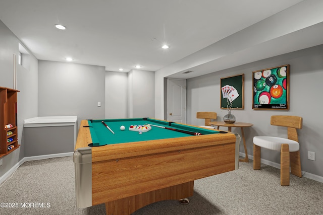 playroom featuring carpet, recessed lighting, baseboards, and billiards