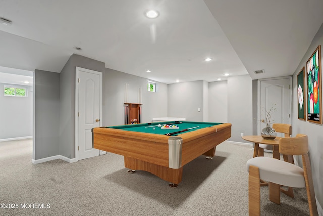 playroom with baseboards, pool table, recessed lighting, and light colored carpet