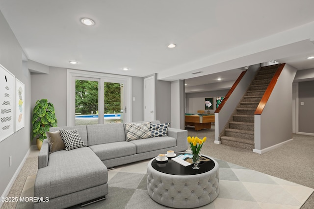carpeted living room featuring baseboards, billiards, stairs, and recessed lighting