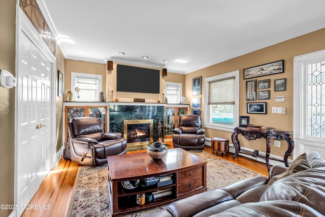 living room featuring ornamental molding, a premium fireplace, light wood-type flooring, healthy amount of natural light, and baseboard heating