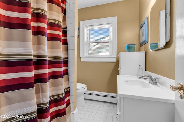 full bath featuring a baseboard radiator, tile patterned floors, vanity, toilet, and a shower with curtain