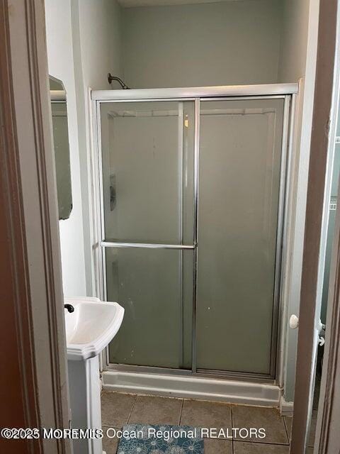 bathroom featuring tile patterned flooring and a shower stall