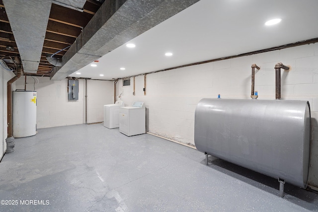 below grade area with water heater, heating fuel, electric panel, concrete block wall, and independent washer and dryer