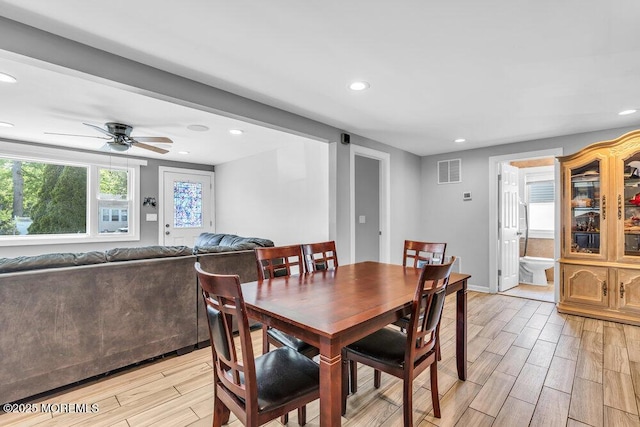 243 6th Ave, Long Branch, NJ 07740 - dining space featuring recessed lighting, light wood-type flooring, a ceiling fan, and baseboards