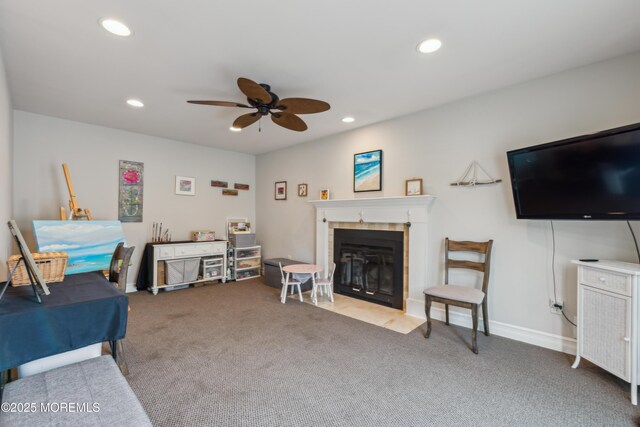 251 Worth St, Brick, NJ 08724 - living room featuring a ceiling fan, a tile fireplace, carpet floors, recessed lighting, and baseboards