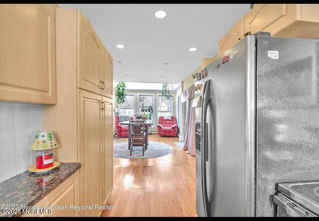 421 W Lincoln Ave, Oakhurst, NJ 07755 - kitchen with appliances with stainless steel finishes, light brown cabinets, light wood-style flooring, and recessed lighting