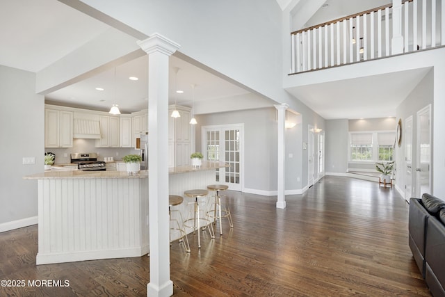 kitchen with appliances with stainless steel finishes, open floor plan, baseboards, dark wood-style flooring, and recessed lighting