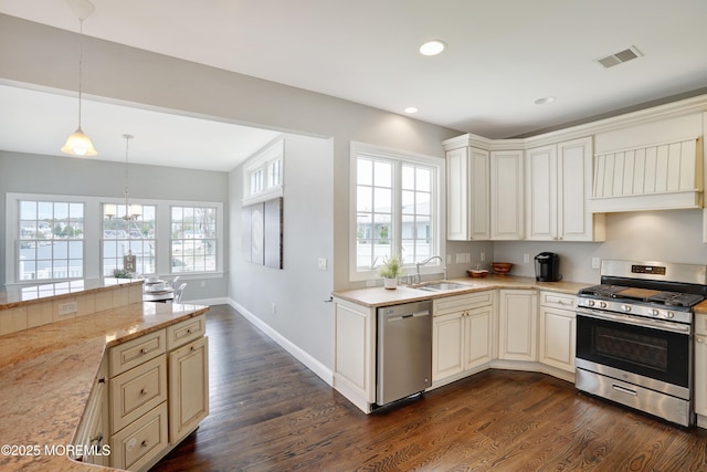 kitchen with appliances with stainless steel finishes, dark wood finished floors, a sink, baseboards, and recessed lighting