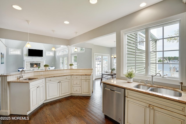 kitchen with stainless steel dishwasher, a sink, a stone fireplace, dark wood finished floors, and recessed lighting