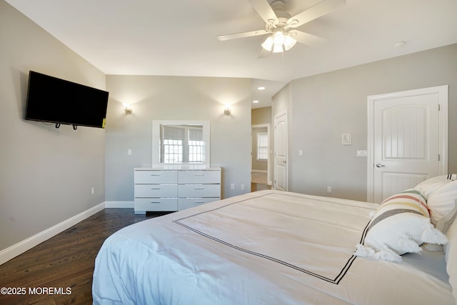 bedroom featuring dark wood finished floors, baseboards, recessed lighting, and a ceiling fan