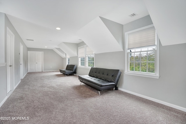 sitting room with carpet flooring, baseboards, recessed lighting, and lofted ceiling