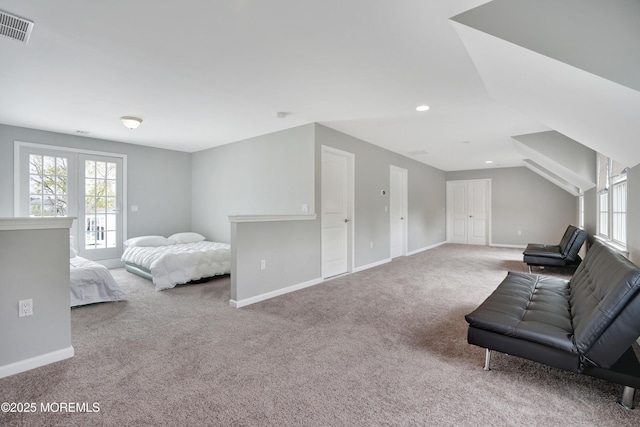 bedroom featuring carpet floors, multiple windows, baseboards, vaulted ceiling, and recessed lighting