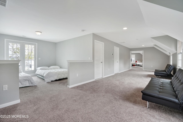 bedroom featuring carpet, multiple windows, baseboards, lofted ceiling, and recessed lighting