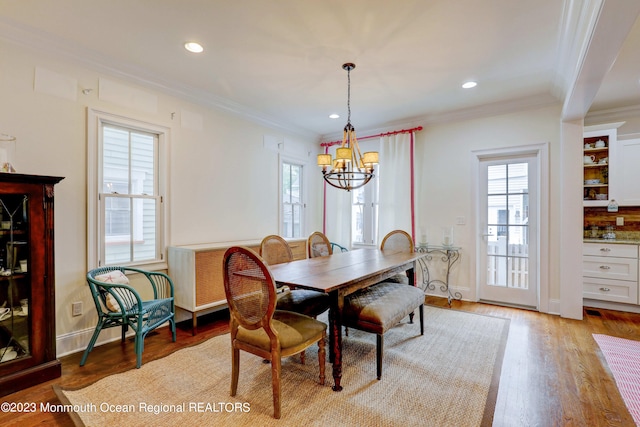 35 Embury Ave, Ocean Grove, NJ 07756 - dining space with a chandelier, ornamental molding, light wood-style floors, recessed lighting, and baseboards