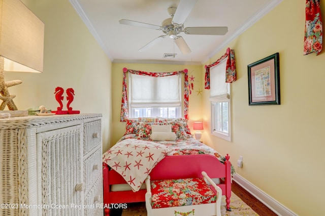 35 Embury Ave, Ocean Grove, NJ 07756 - bedroom with ornamental molding, baseboards, wood finished floors, and a ceiling fan
