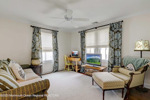 35 Embury Ave, Ocean Grove, NJ 07756 - living area featuring crown molding, a ceiling fan, and baseboards
