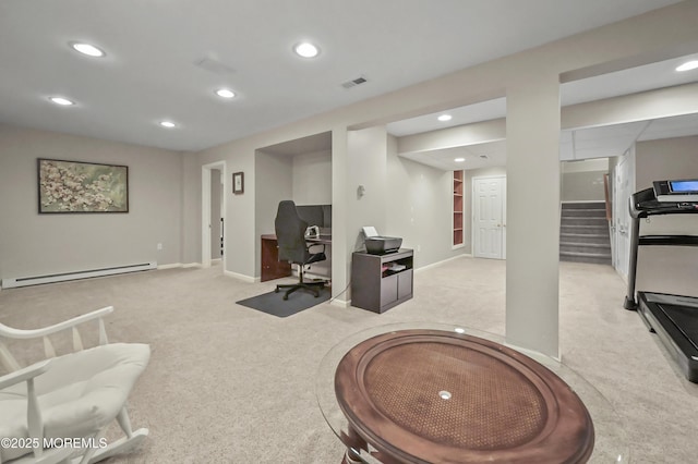 23 Woodpecker Way, Marlboro, NJ 07746 - living area with baseboard heating, recessed lighting, light colored carpet, a desk, and stairway