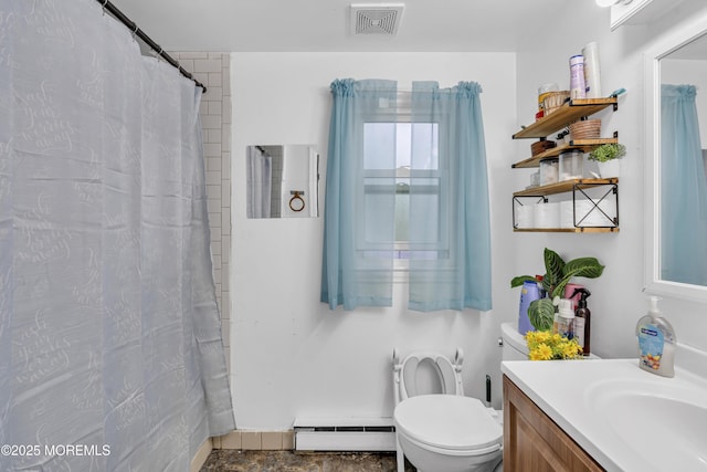 23 Vought Ave, Freehold, NJ 07728 - full bathroom featuring a baseboard radiator, toilet, vanity, and a shower with shower curtain