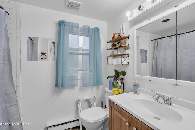 23 Vought Ave, Freehold, NJ 07728 - bathroom featuring a baseboard radiator, toilet, vanity, and a shower with curtain