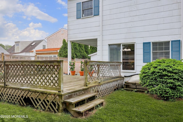 wooden deck with a lawn
