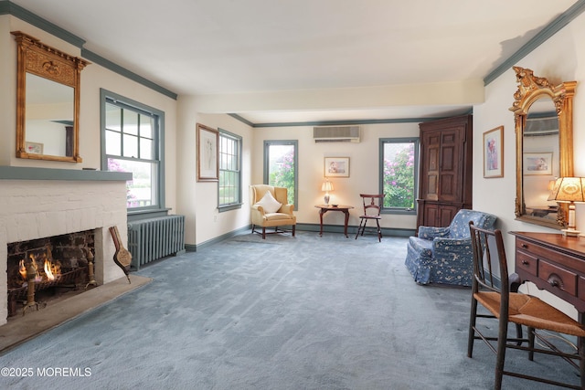 living area with radiator, carpet flooring, healthy amount of natural light, and baseboards