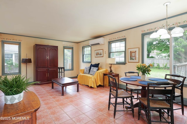 dining area featuring a wall unit AC, a chandelier, light tile patterned floors, and ornamental molding