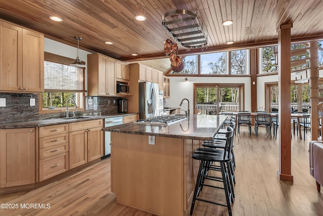 328 E Pleasant Grove Rd, Jackson, NJ 08527 - kitchen featuring appliances with stainless steel finishes, wooden ceiling, a sink, light brown cabinetry, and tasteful backsplash