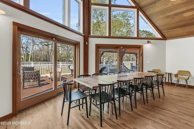 328 E Pleasant Grove Rd, Jackson, NJ 08527 - dining area with high vaulted ceiling, plenty of natural light, baseboards, light wood-style floors, and wood ceiling