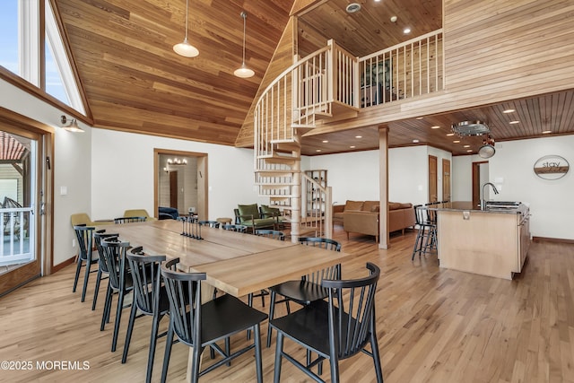 328 E Pleasant Grove Rd, Jackson, NJ 08527 - dining space with high vaulted ceiling, wooden ceiling, baseboards, stairway, and light wood finished floors
