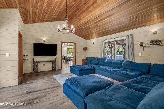 328 E Pleasant Grove Rd, Jackson, NJ 08527 - living room featuring wood ceiling, a chandelier, vaulted ceiling, wooden walls, and wood finished floors
