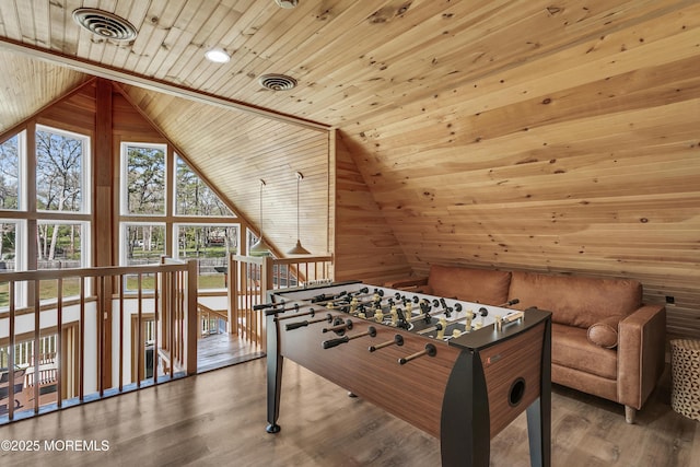 328 E Pleasant Grove Rd, Jackson, NJ 08527 - playroom with wood ceiling, wood finished floors, floor to ceiling windows, wooden walls, and high vaulted ceiling