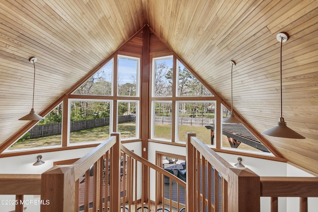 328 E Pleasant Grove Rd, Jackson, NJ 08527 - hallway featuring high vaulted ceiling, wooden ceiling, healthy amount of natural light, and an upstairs landing
