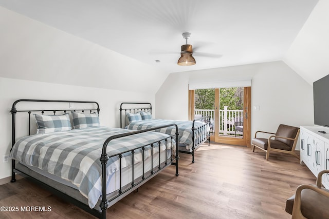 328 E Pleasant Grove Rd, Jackson, NJ 08527 - bedroom featuring access to exterior, wood finished floors, vaulted ceiling, and a ceiling fan