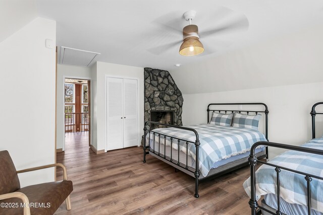328 E Pleasant Grove Rd, Jackson, NJ 08527 - bedroom featuring wood finished floors, a closet, vaulted ceiling, attic access, and a ceiling fan