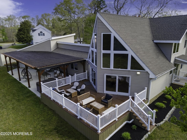 328 E Pleasant Grove Rd, Jackson, NJ 08527 - back of property featuring an outdoor hangout area, a deck, roof with shingles, and a lawn