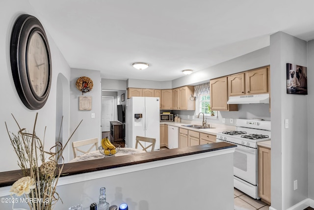 2124 3rd Ave, Toms River, NJ 08757 - kitchen featuring white appliances, light brown cabinetry, under cabinet range hood, a sink, and light tile patterned flooring
