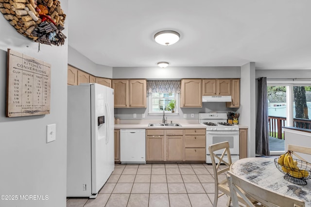 2124 3rd Ave, Toms River, NJ 08757 - kitchen with white appliances, light brown cabinetry, under cabinet range hood, a sink, and light countertops