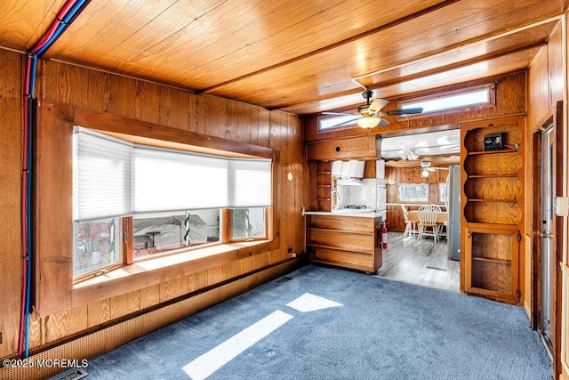 220 W Sylvania Ave Unit 16, Neptune City, NJ 07753 - unfurnished living room featuring wood ceiling, plenty of natural light, wooden walls, ceiling fan, and carpet flooring