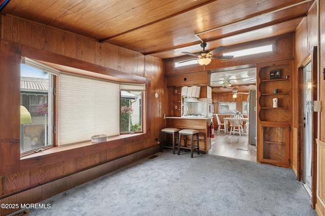 220 W Sylvania Ave Unit 16, Neptune City, NJ 07753 - living room featuring a ceiling fan, wood ceiling, healthy amount of natural light, wood walls, and carpet