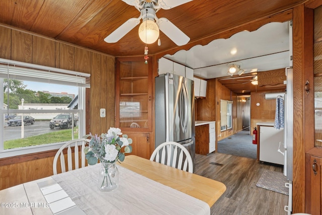 220 W Sylvania Ave Unit 16, Neptune City, NJ 07753 - dining space featuring wood walls, ceiling fan, wood ceiling, and dark wood-type flooring