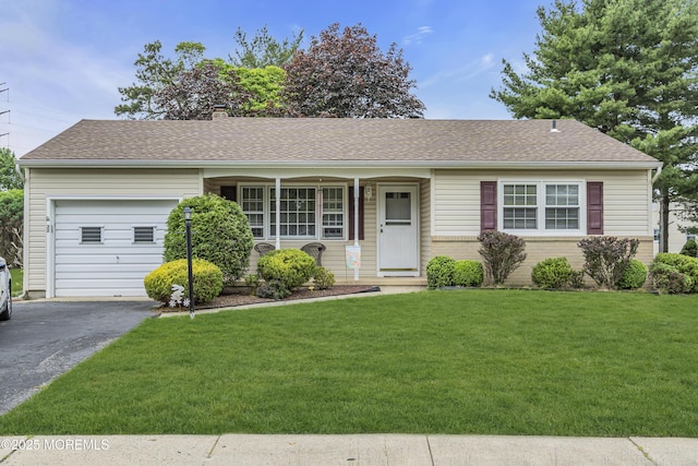 32 Bugle Ct, Toms River, NJ 08757 - ranch-style home featuring a garage, driveway, a front yard, a chimney, and roof with shingles