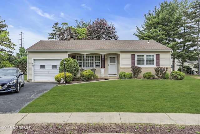 32 Bugle Ct, Toms River, NJ 08757 - ranch-style home with an attached garage, asphalt driveway, a front yard, and roof with shingles