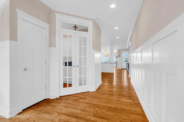 3 Sunset Dr, Asbury Park, NJ 07712 - hall with ornamental molding, light wood finished floors, french doors, recessed lighting, and ornate columns